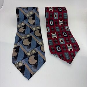Biella Mens Silk Necktie Lot 2 Abstract Geometric Blue Burgundy Made in USA